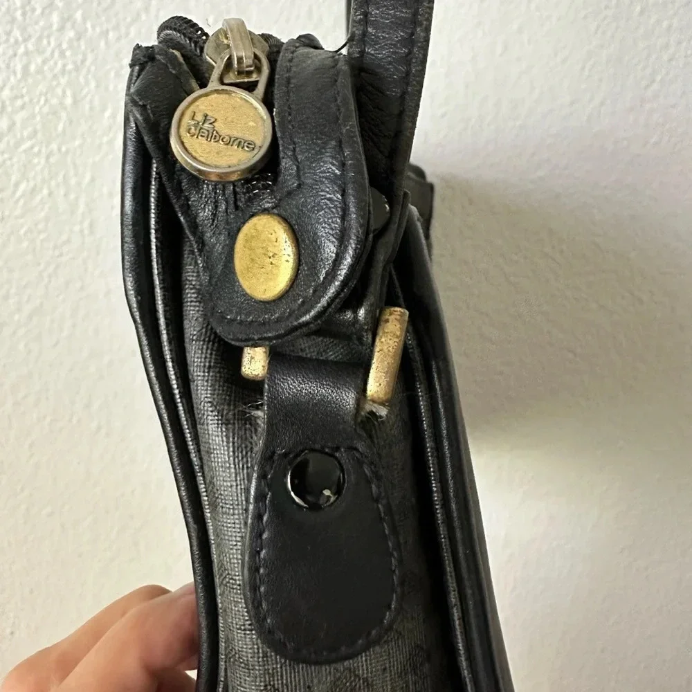 LIZ CLAIBORNE Black Gray Leather Crossbody Bag Vintage
